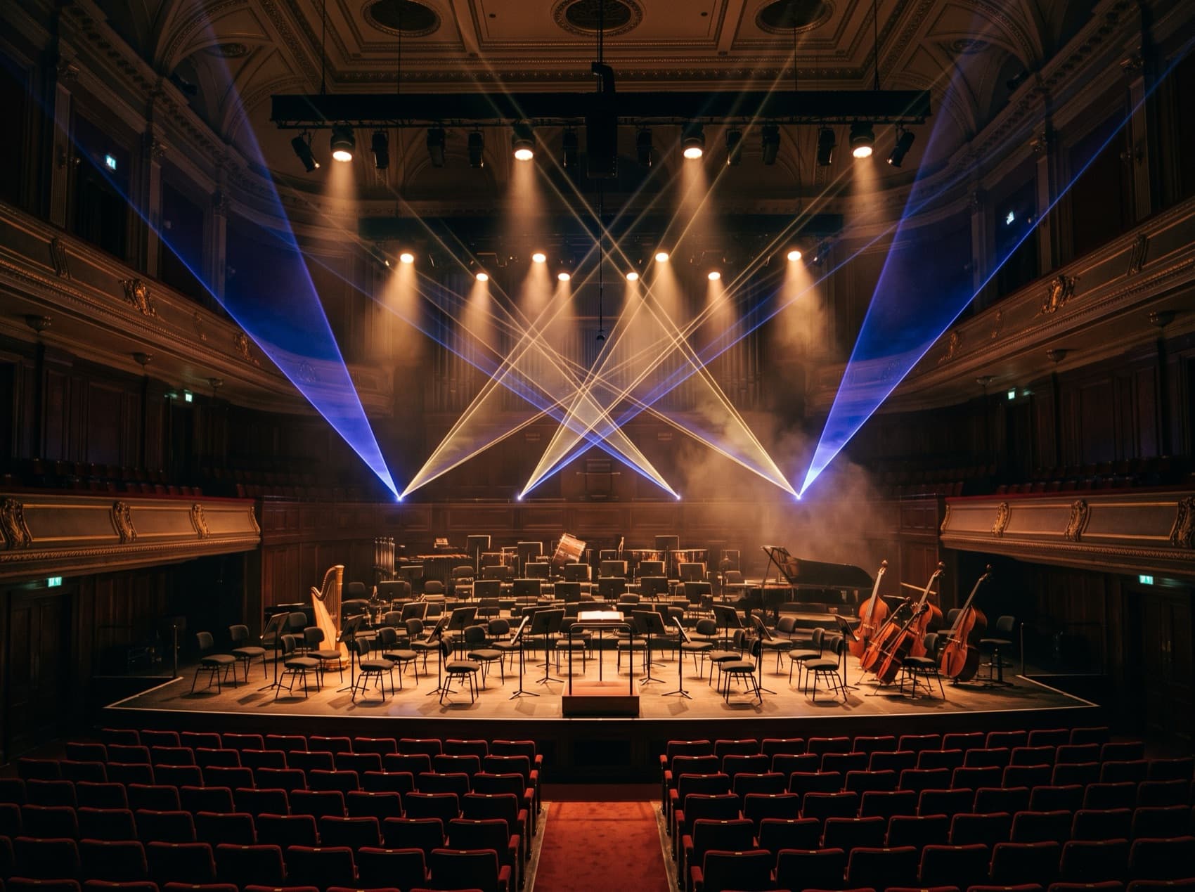 An orchestra performing under a laser show
