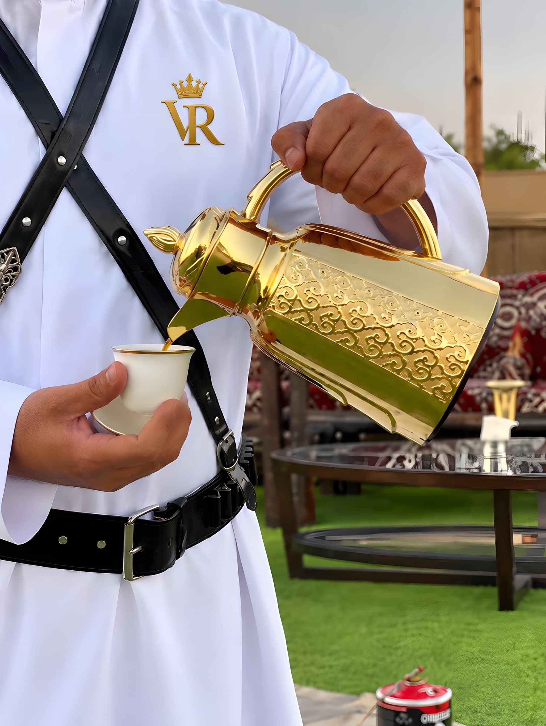 Pouring Arabic coffee from the golden dallah