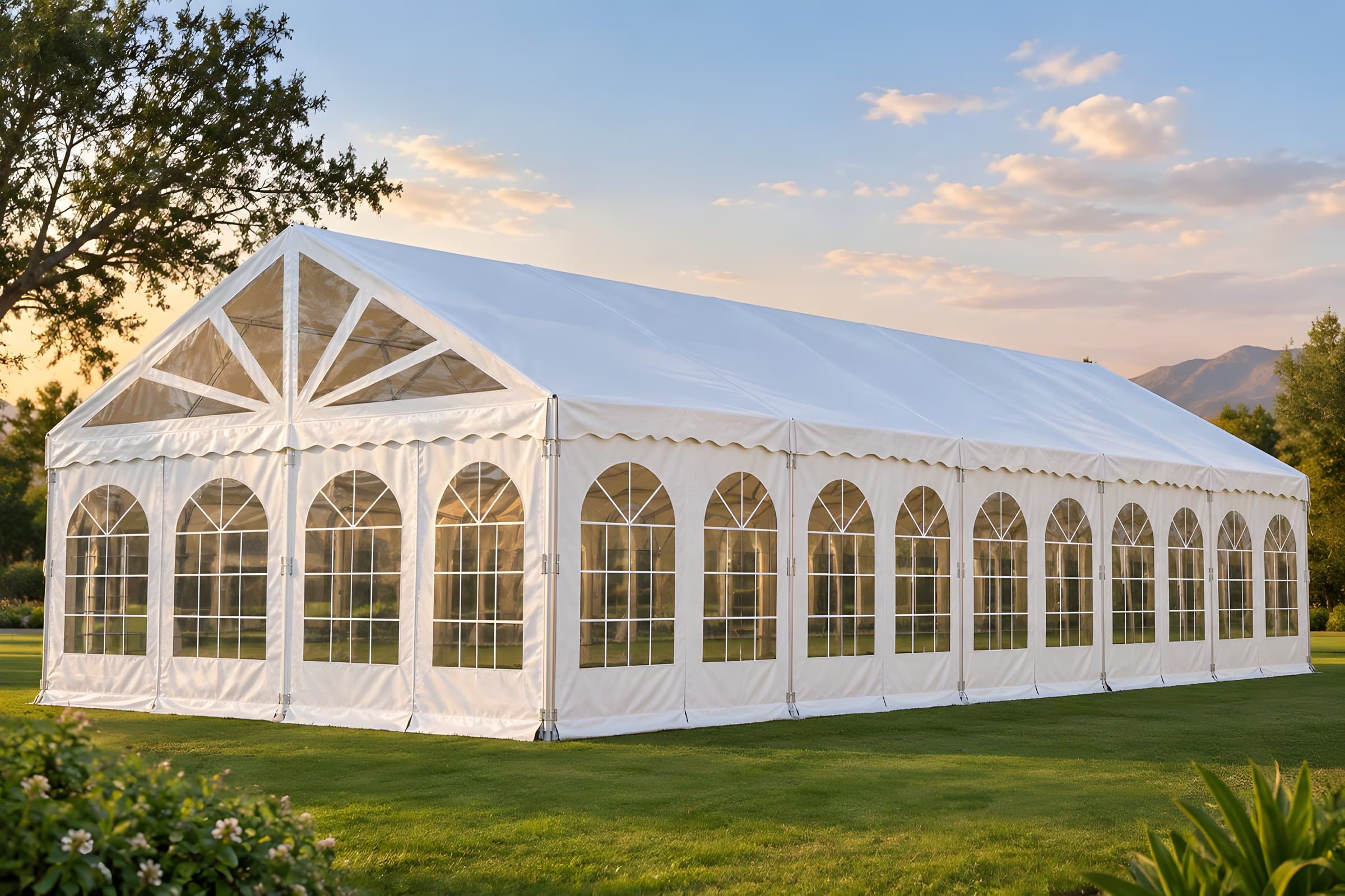 A lit marquee interior with dressed tables