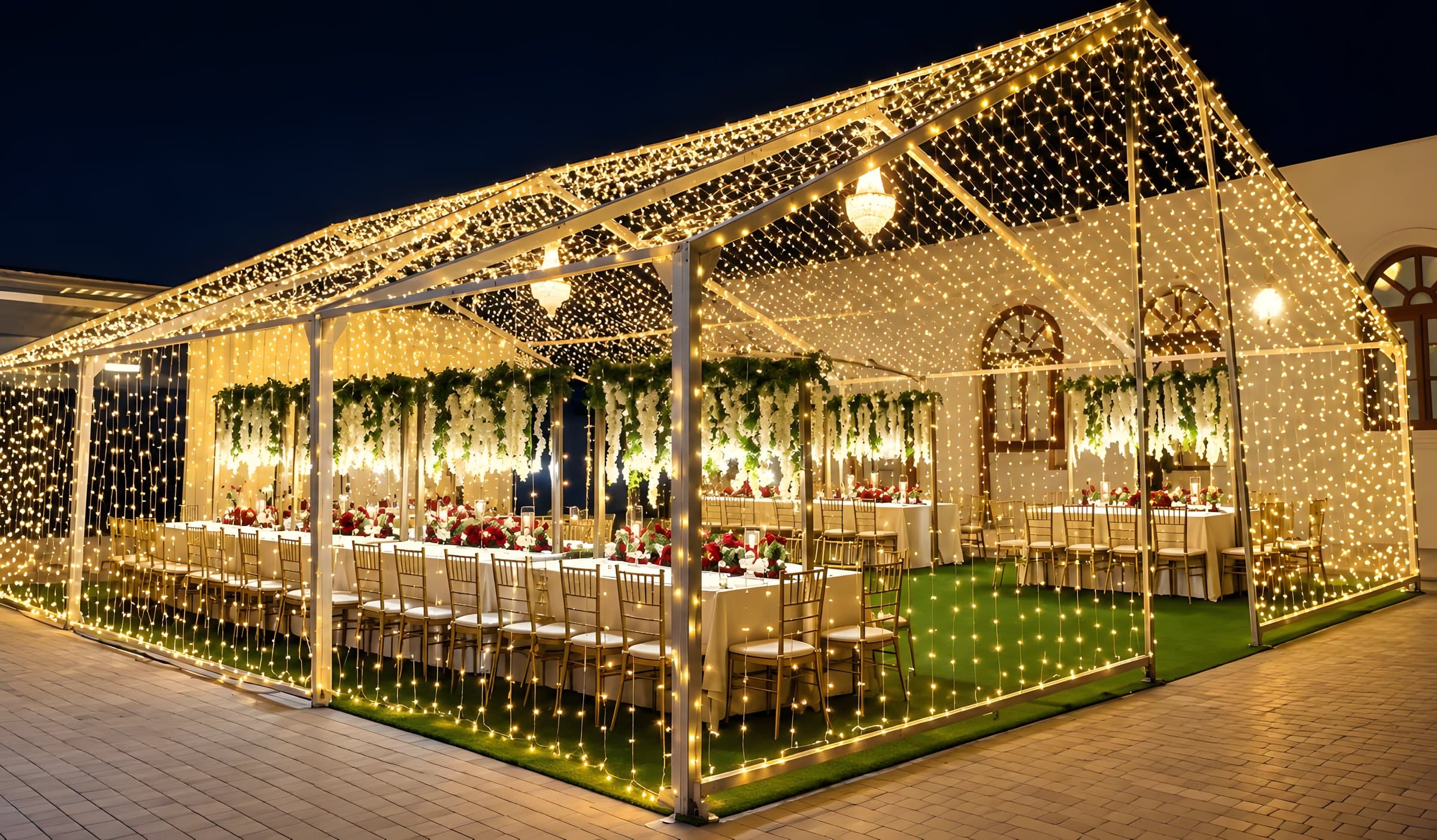 A canopy dressed with fairy lights at night